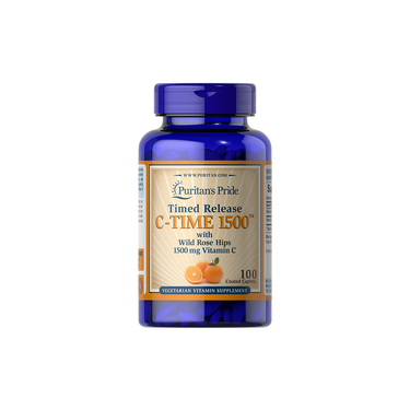 Puritan's Pride Timed Release Vitamin C-1500 mg with Wild Rose Hips provides immune support in a blue bottle with 100 coated caplets, each containing 1500 mg of Vitamin C. It's a vegetarian supplement.